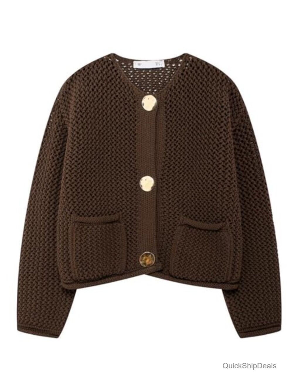 Chunky Knit Cropped Cardigan Gold Button Open Front Long Sleeve